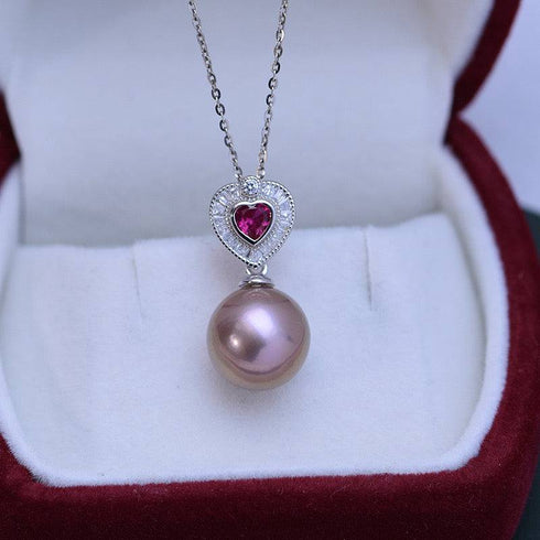 11-12mm Freshwater Pearl & Red Gem Heart Necklace - House Of Pearls
